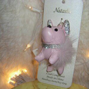 Natasha Couture Frenchie Pink Bag Charm Faux Fur Crystals NWT